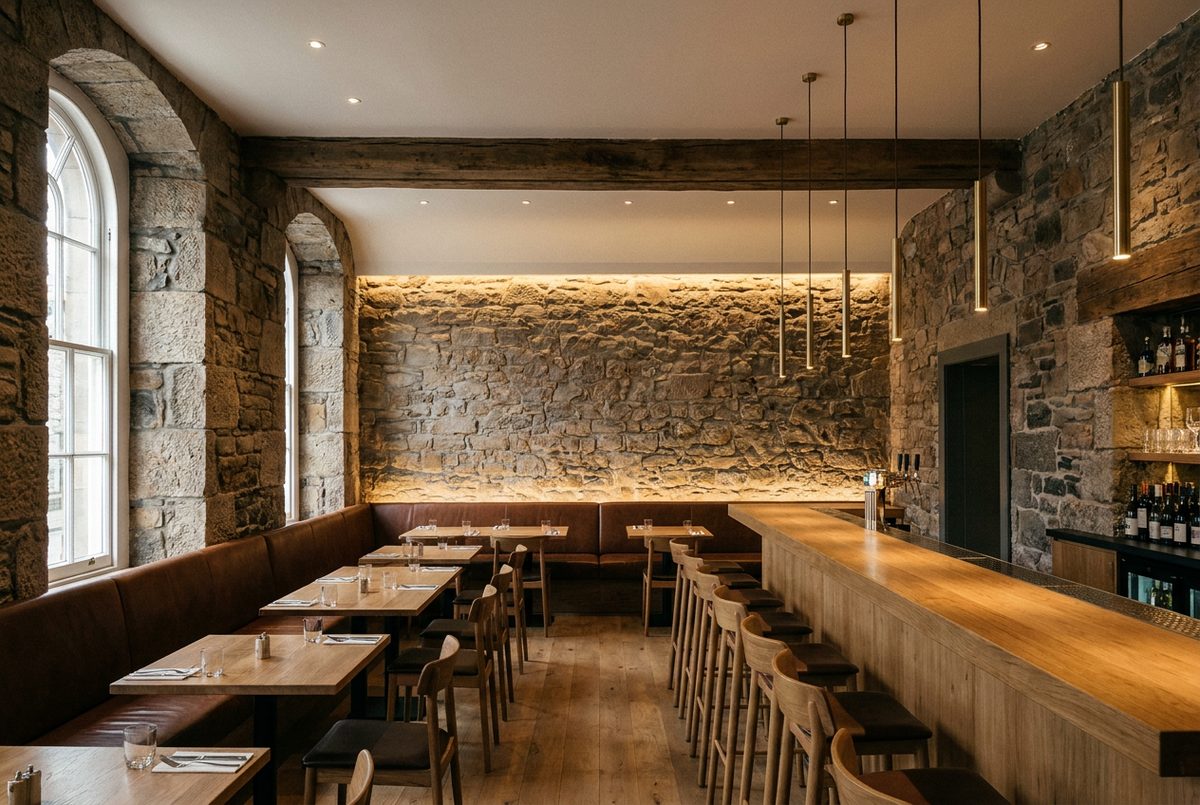 Finished bar and restaurant interior with designed lighting
