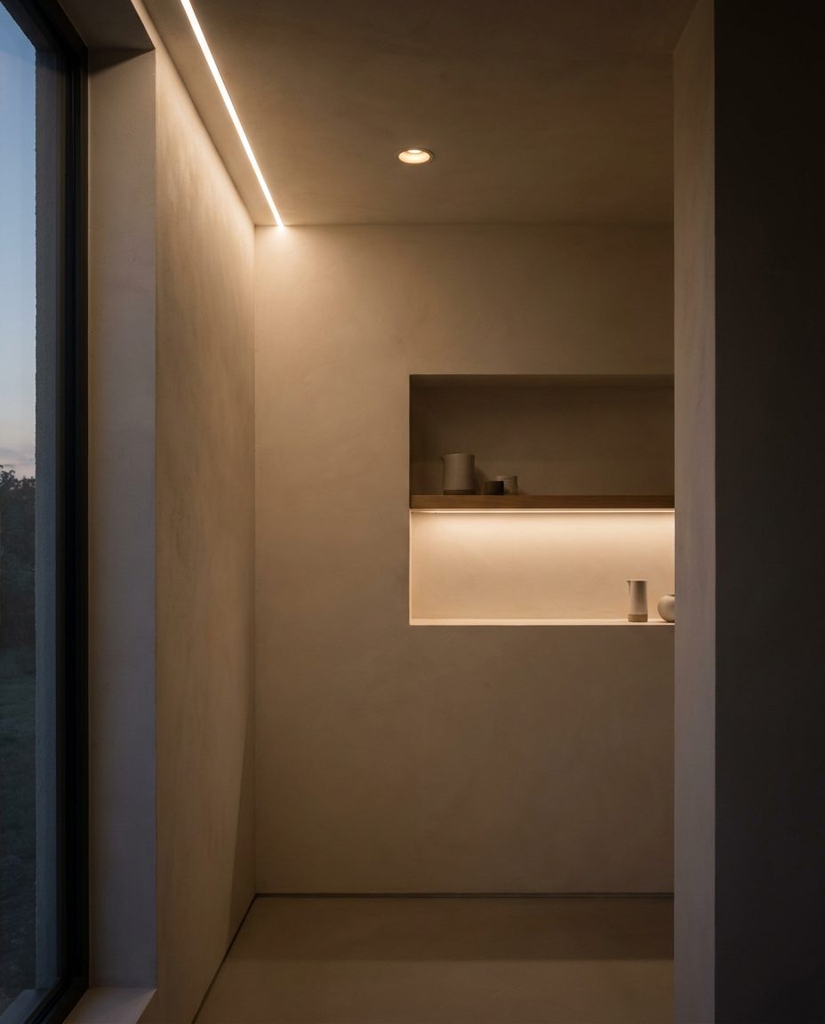 A recessed linear light washing warm light down a plastered wall