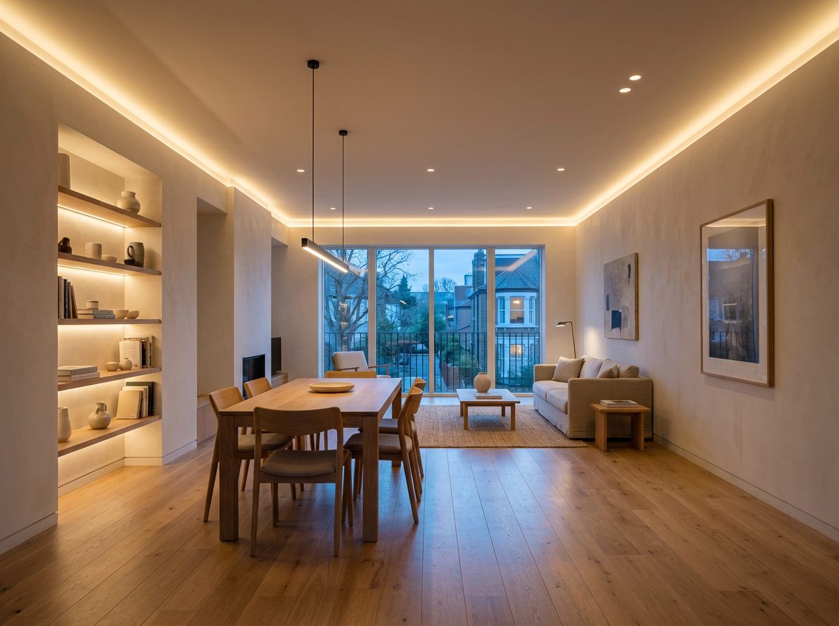 Finished living and dining space with warm designed lighting