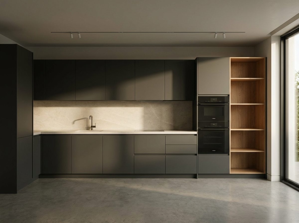 Finished handleless kitchen with a honed stone worktop and oak shelving