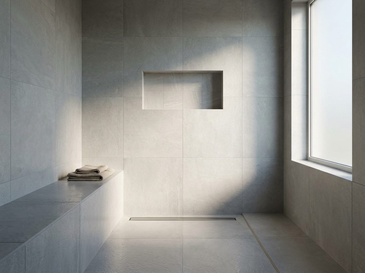 Finished wet room tiled in large-format porcelain with a linear drain