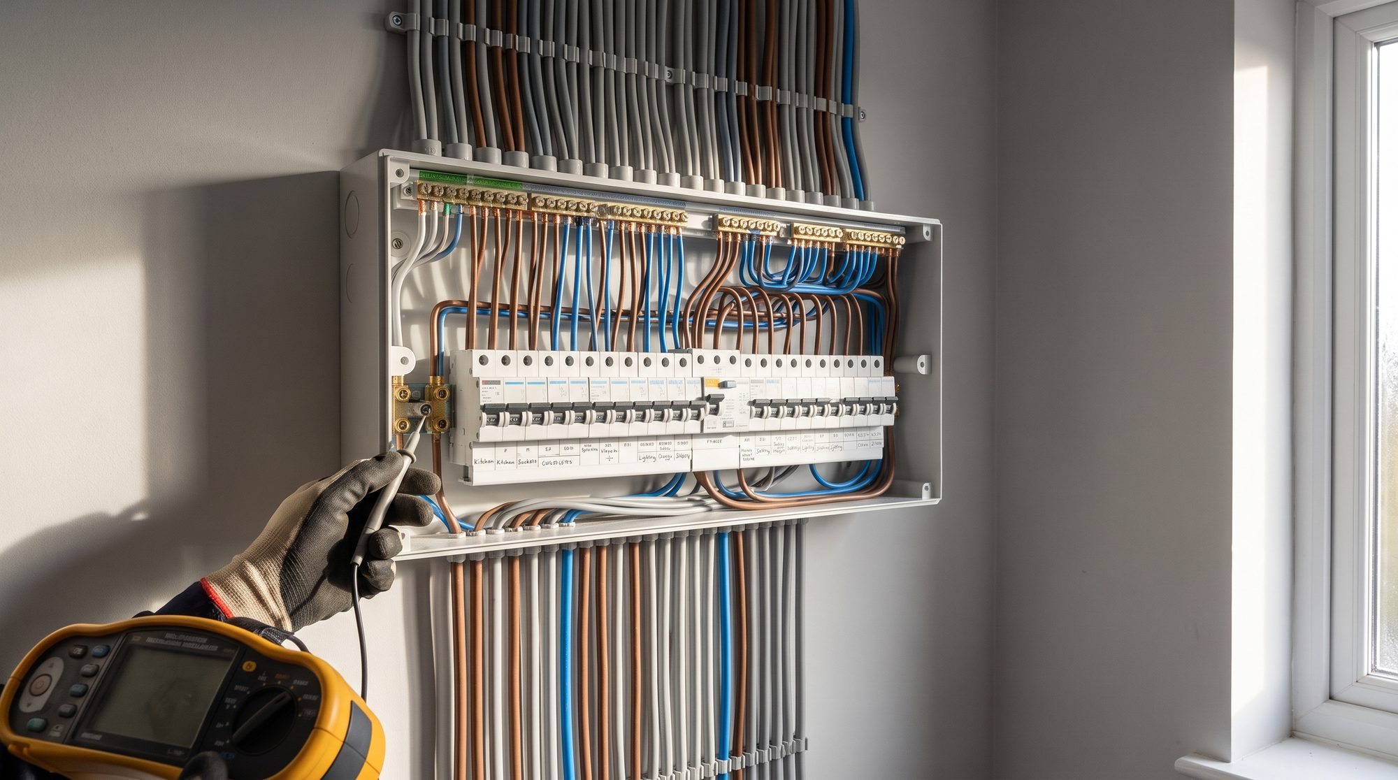 A newly installed consumer unit with neatly dressed cabling, being tested