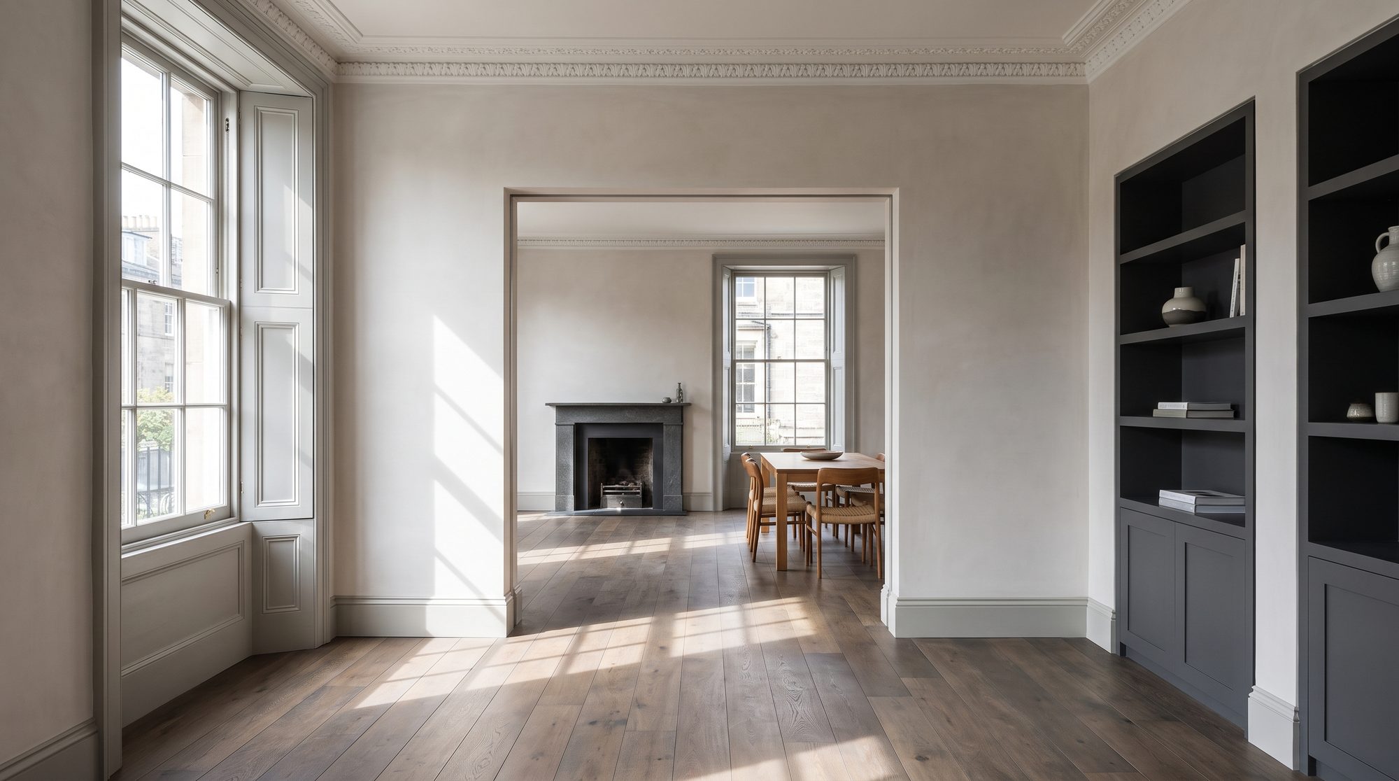 Completed refurbishment looking through a flush opening between two finished rooms