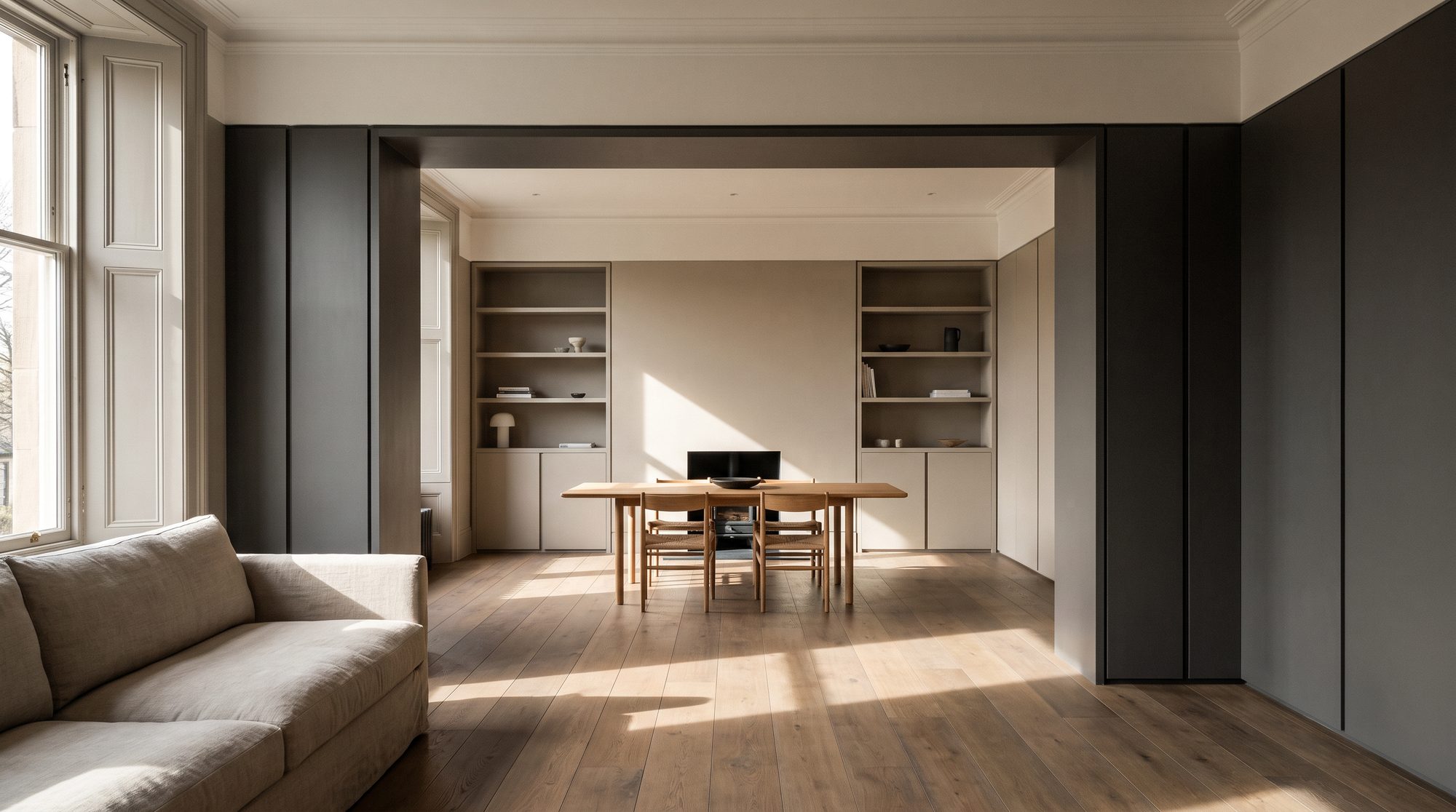 Fully refurbished open-plan living and dining space with flush joinery and oak flooring