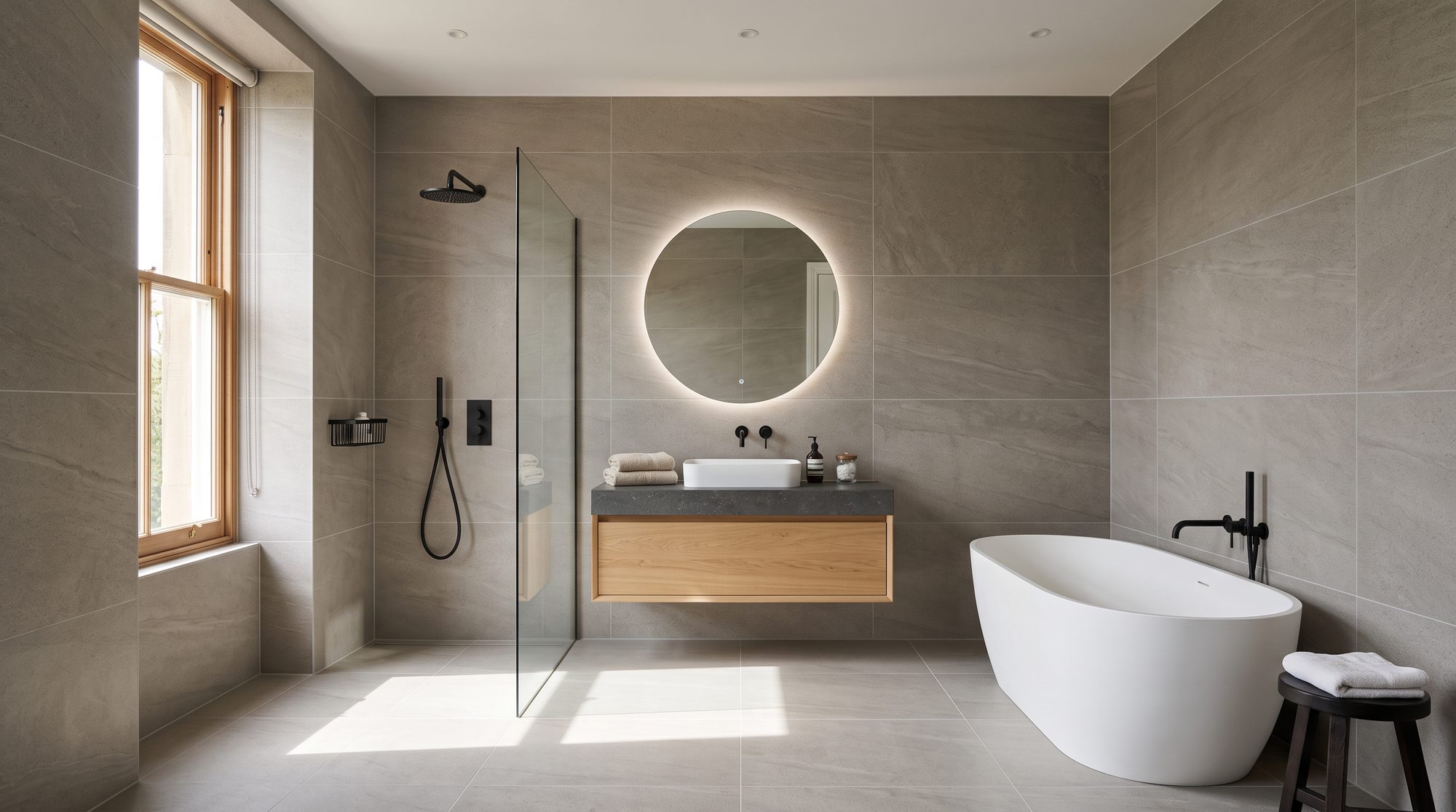 Finished bathroom tiled floor to ceiling in large-format porcelain