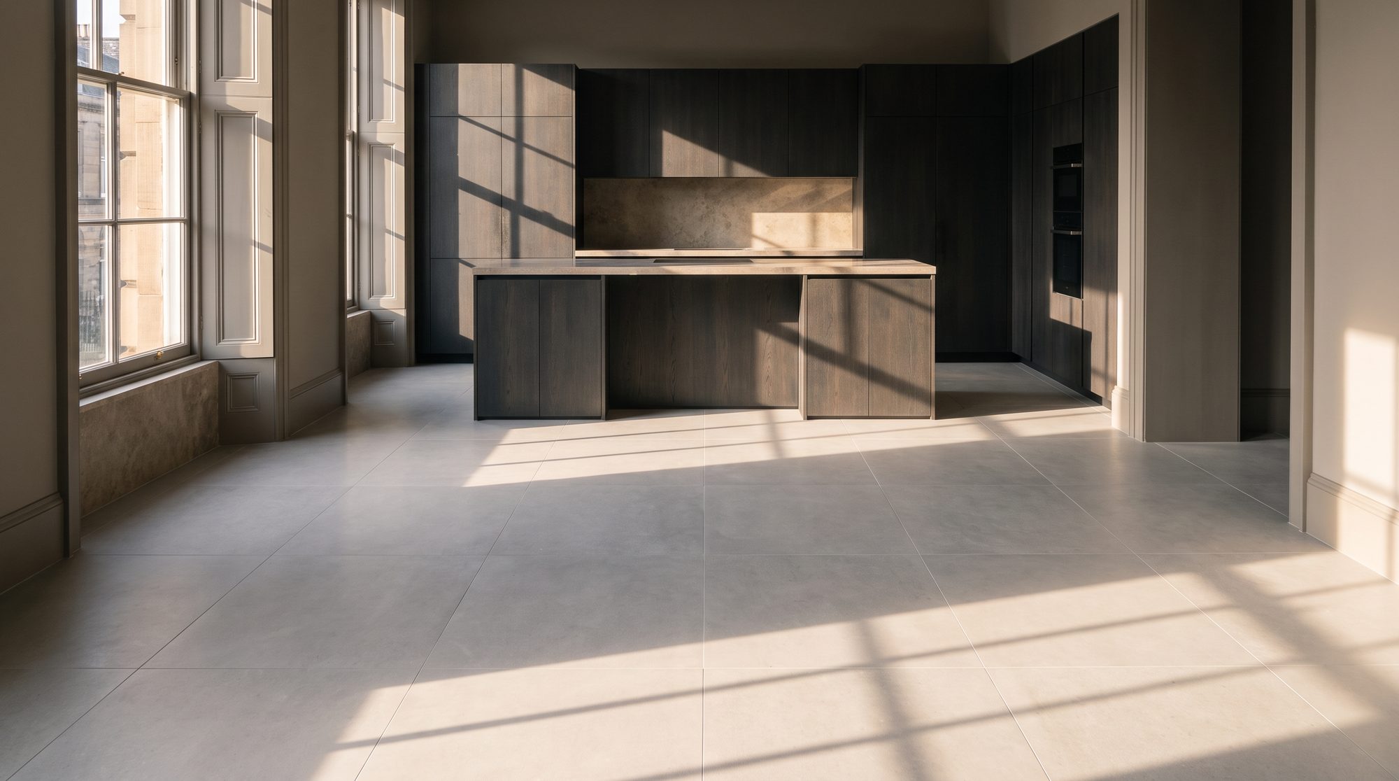 Finished open-plan ground floor with large-format porcelain flooring and dark oak joinery