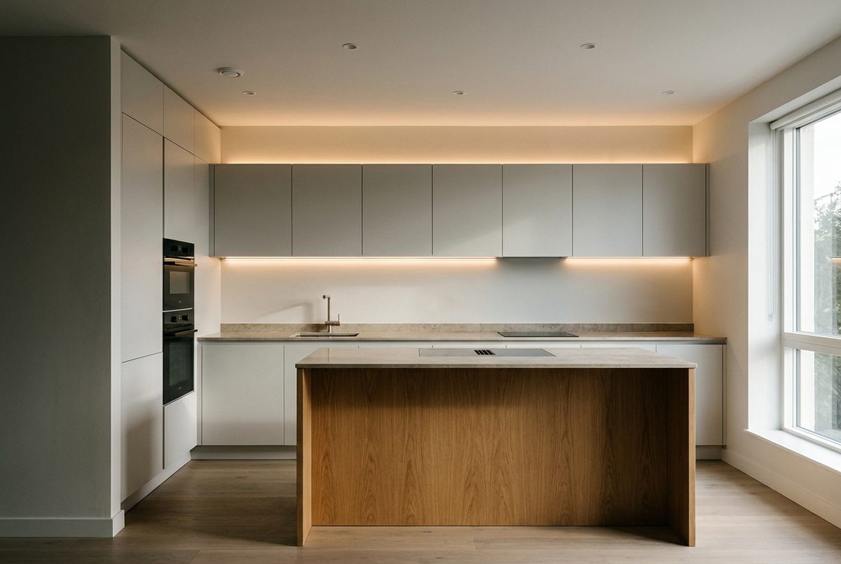 Finished kitchen with layered lighting and a warm oak island