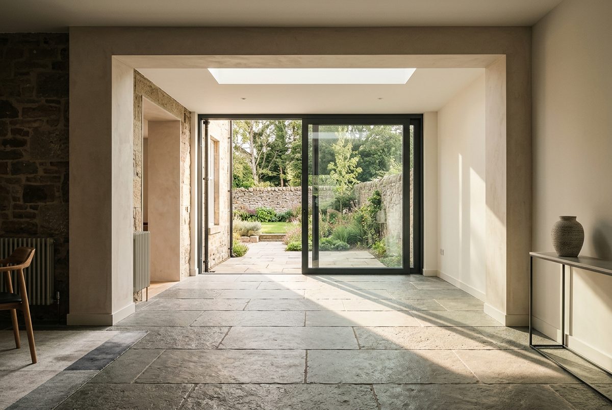 Single-storey extension with natural stone flooring and full-height glazing