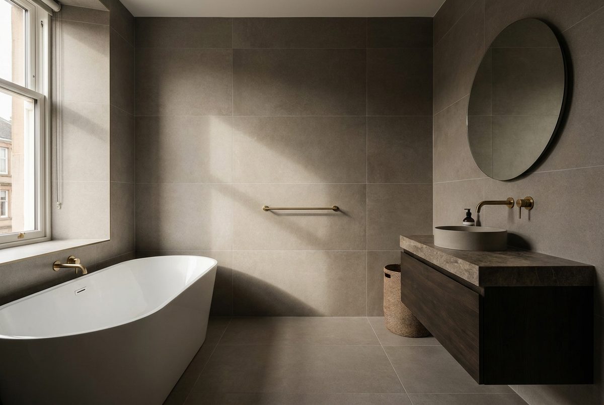 Finished bathroom with a freestanding bath and warm grey porcelain tiling
