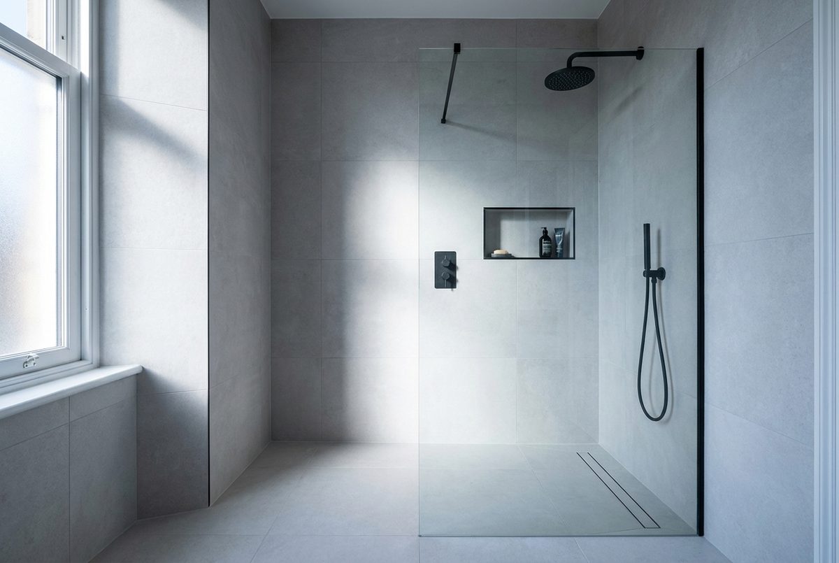 Finished wet room with large-format porcelain and a level-access shower