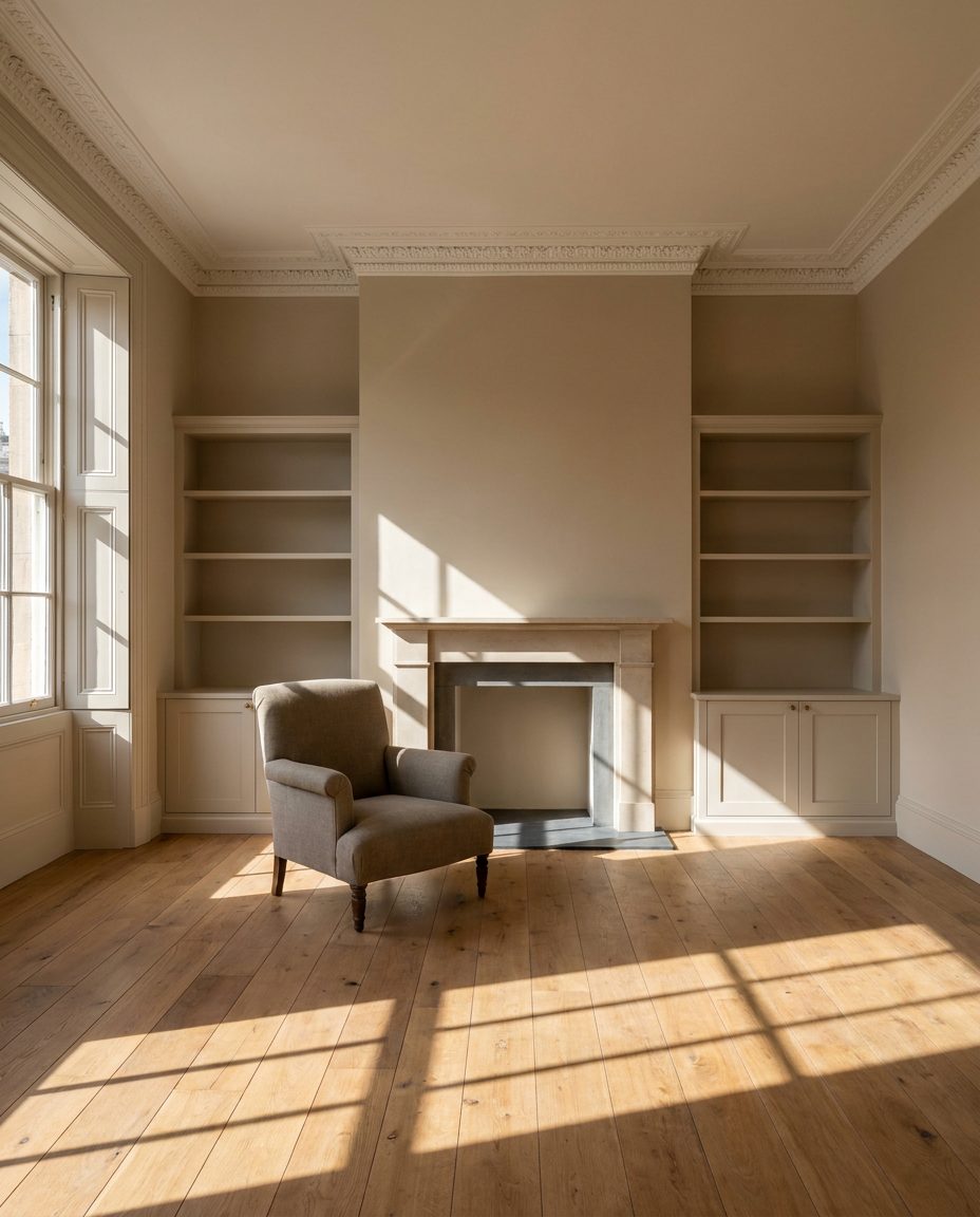 Finished renovated room with restored cornice, new joinery and an oak floor
