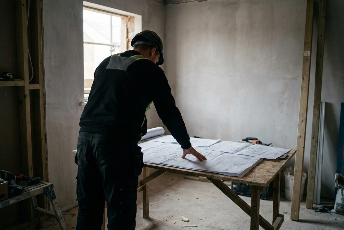 A site manager going through the drawings on a refurbishment site