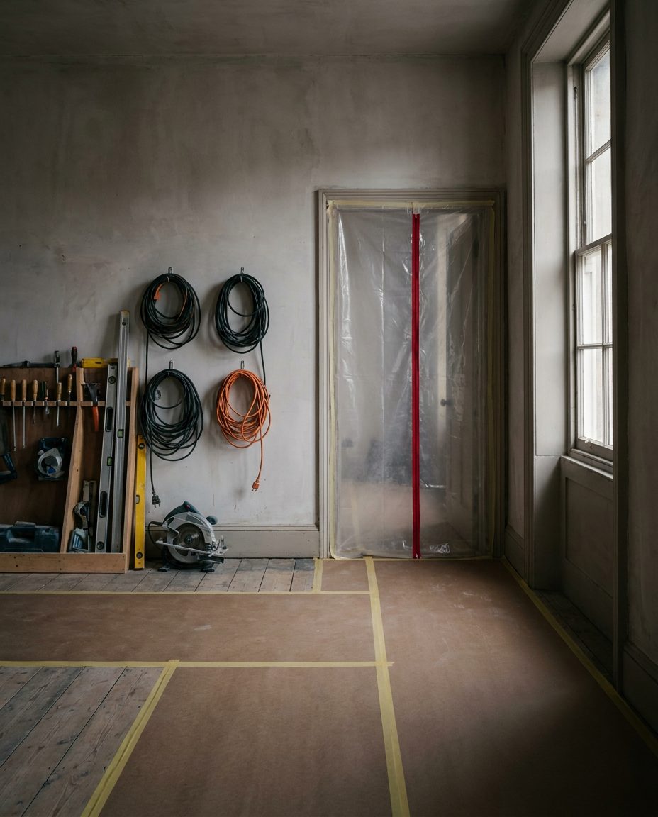 A renovation site with the floors boarded and the doorway sealed off