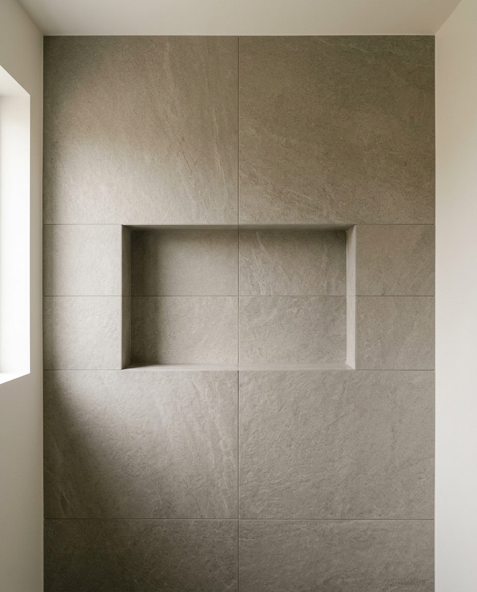 Tiled bathroom wall with the joints lining up to the edges of a shower niche